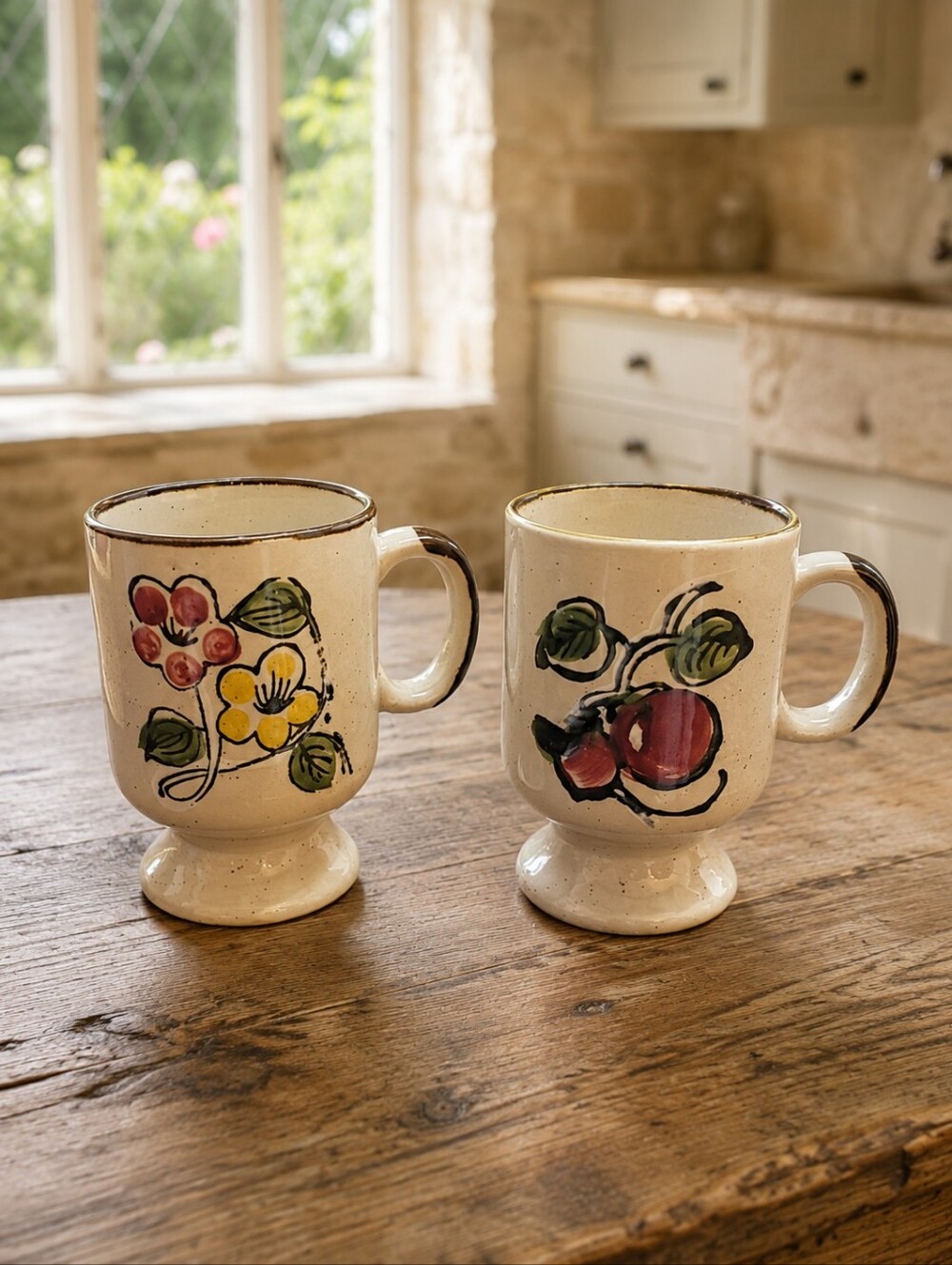 Vintage Festival Stoneware Korea Pedestal Mug Set Fruit Floral Pair